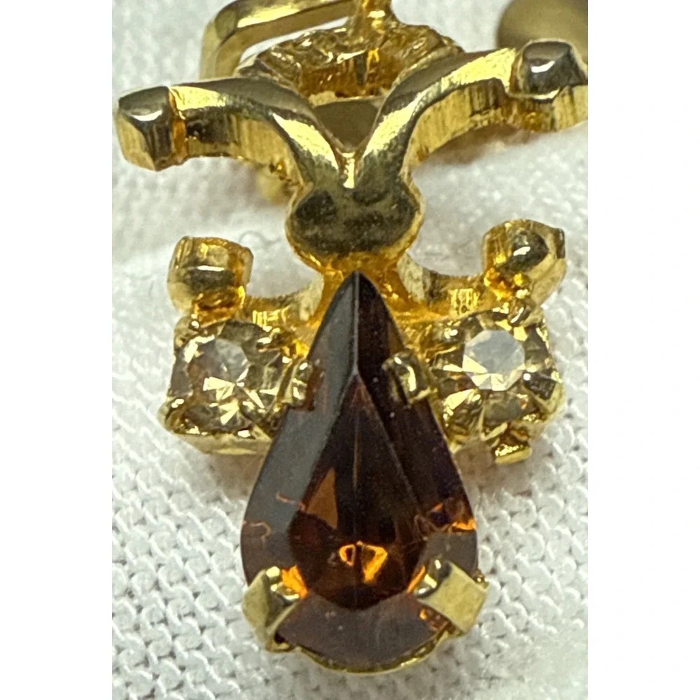 Vintage Austria Clip On Earrings Dangle Rhinestone Clear Brown Angel